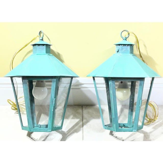 Hand-Crafted Vintage Solid Brass Hexagonal Hanging Lanterns, Usa For Sale - Image 15 of 16