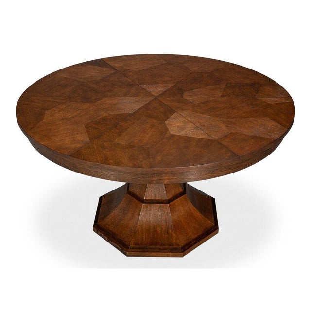 Transitional Round Dining Table, Medium - Warm Brown Oak With Faceted Pedestal Base For Sale In Raleigh - Image 6 of 11