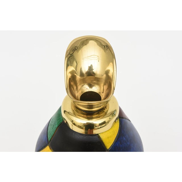 1950s Vintage Italian Aldo Tura Style Colorful Painted Wood and Brass Cork Decanter/ Jug Barware For Sale - Image 5 of 10