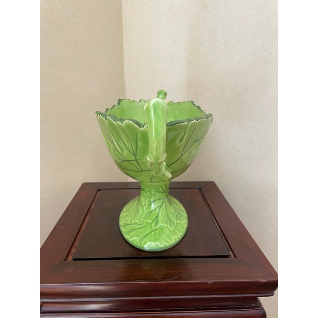 Shabby Chic Vintage Footed Oval Ceramic Compote With Handles in Leaf Design For Sale - Image 3 of 7