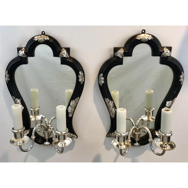 Early 20th Century Pair Signed Caldwell Mirror Back Carved Ebony and Silver Sconces For Sale - Image 5 of 9