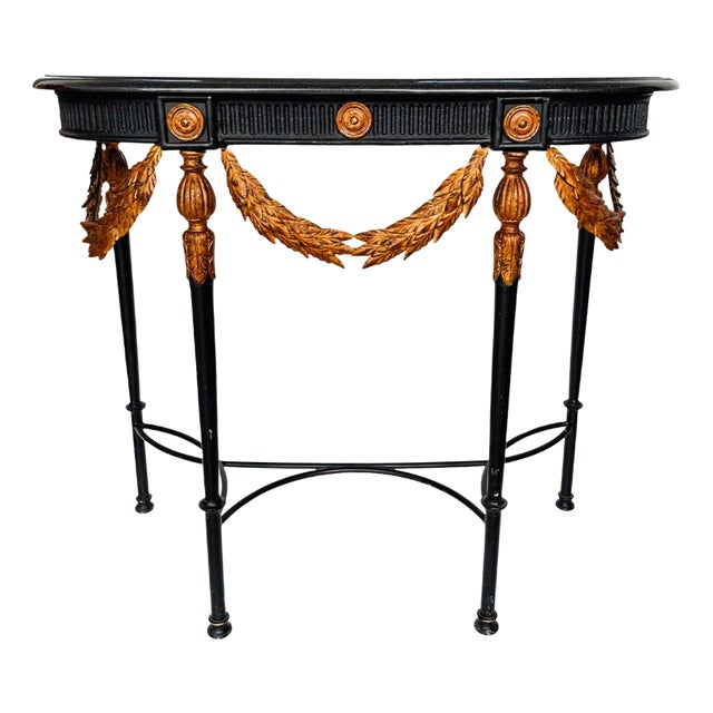 Neoclassical Ebonized Wrought Iron Demi-Lune Table With Black Granite & Laurel Garlands For Sale