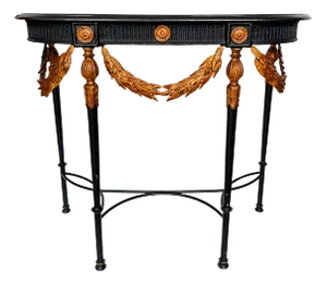 Neoclassical Ebonized Wrought Iron Demi-Lune Table With Black Granite & Laurel Garlands