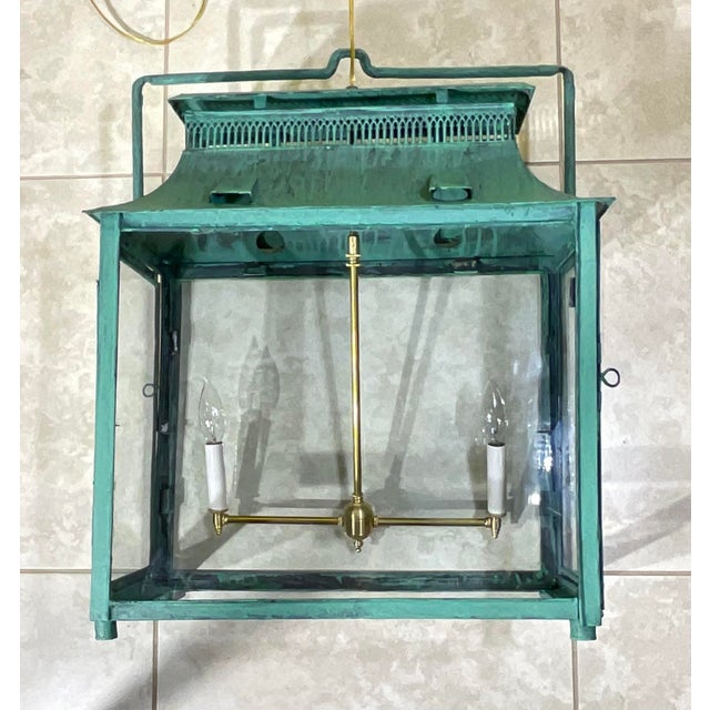 One of a Kind Hand-Painted Turquoise Hanging Lantern Steel & Solid Brass For Sale - Image 18 of 18