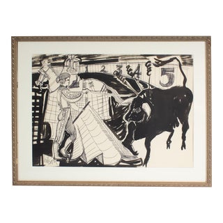 1960s Mixed Media Drawing of a Bullfight by Harry Hilson For Sale