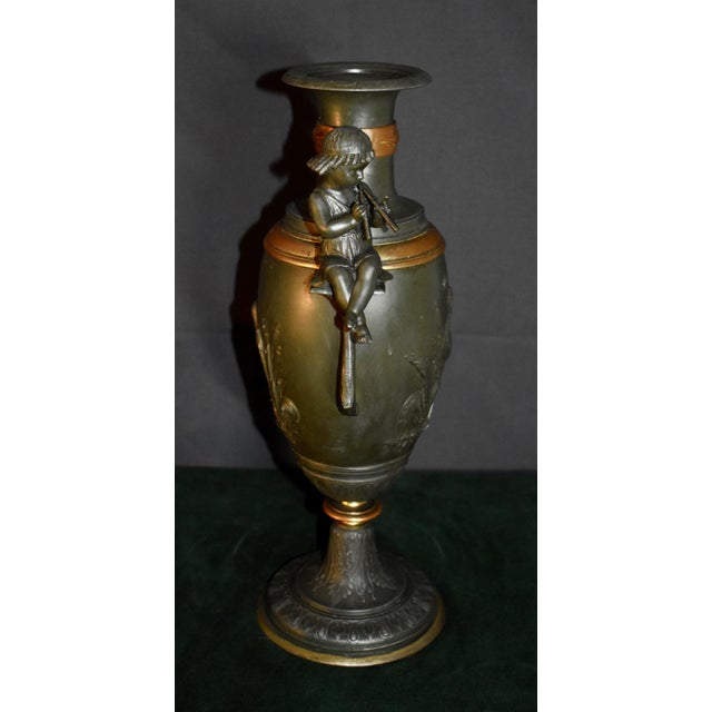 Vintage Mixed Metal Vase French Style Urn With Figural Cherubs and Cranes For Sale - Image 15 of 17
