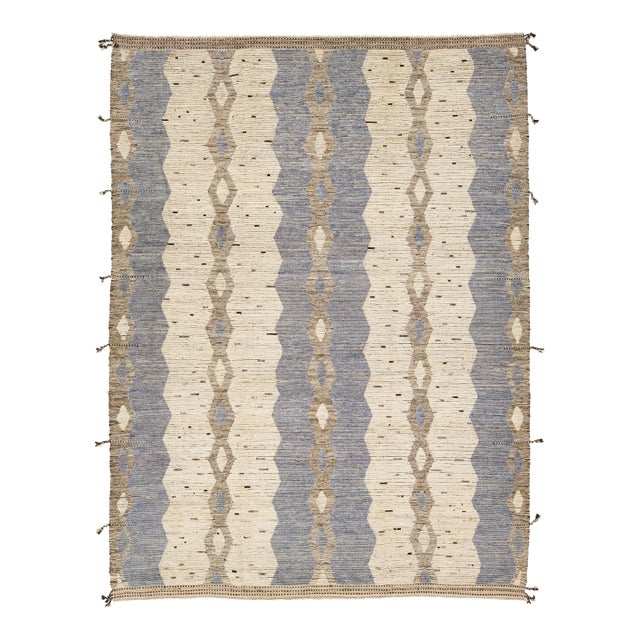 11 X 14 Modern Moroccan Tribal Style Wool Rug in Beige and Blue For Sale