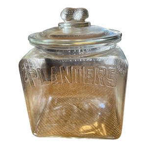 1930s Clear Square Peanut Planters Jar With Lid