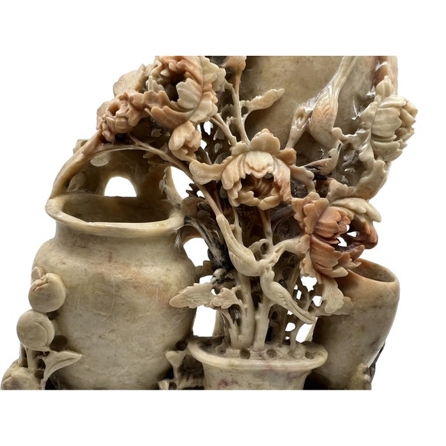 Tan Vintage Soapstone Carvied Triple Vase Birds and Flowers For Sale - Image 8 of 15