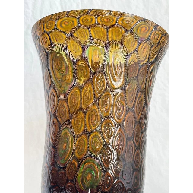 Amber Large Collectible, Hand-Blown Amber-Colored Murano Art Glass Vase With Green and Purple Murrine by Master Glassblower Adriano Dalla Valentina For Sale - Image 8 of 18