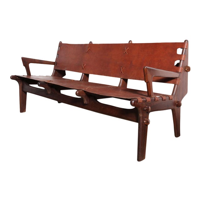 1960s Vintage Angel Pazmino Rosewood and Russet Leather Three-Seat Sofa For Sale