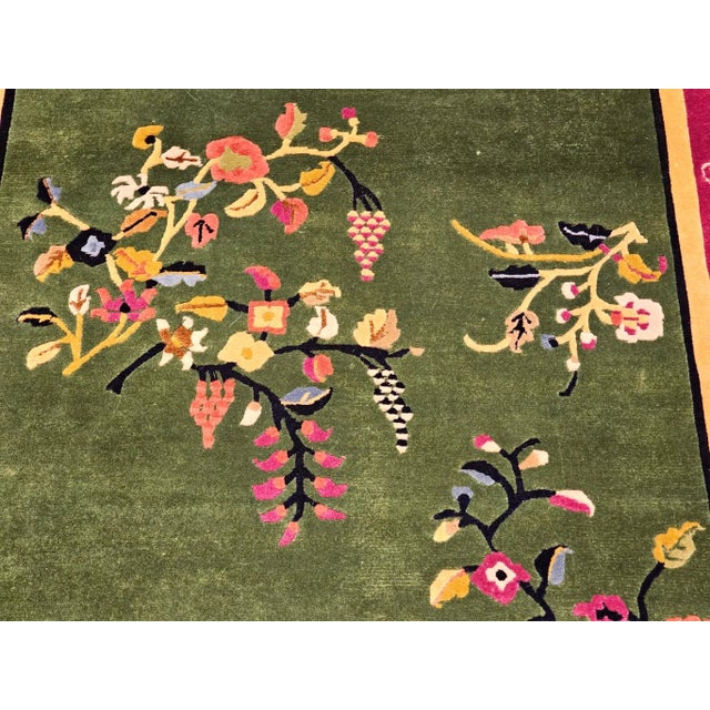 Vintage Chinese Art Deco Area Rug, Floral Design, Sage Green & Purple For Sale - Image 11 of 12