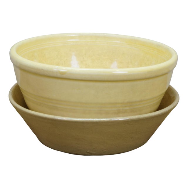 Antique American Yellowware Banded Beehive Mixing Bowl Rolled Rim Stoneware For Sale