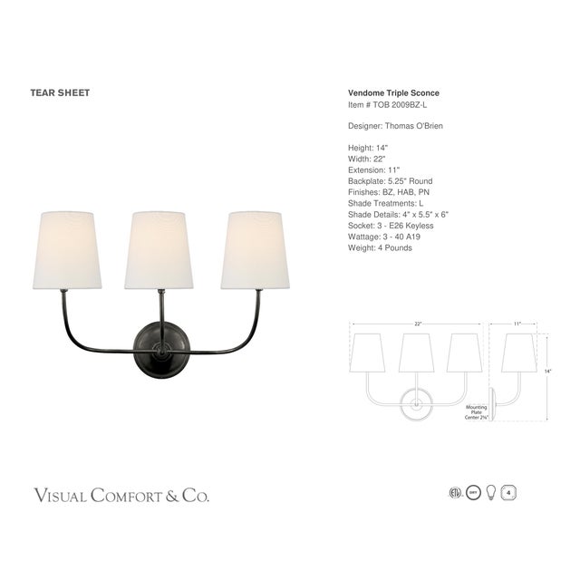 Modern Thomas O'Brien for Visual Comfort Signature Vendome Triple Sconce in Bronze with Linen Shades For Sale - Image 3 of 4