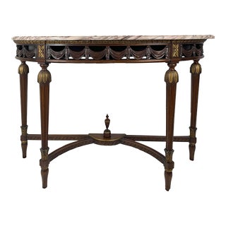 Antique Continental Carved Marble Top Demilune Console Table For Sale