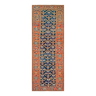 1900s Blue Navy Geometric Tribal Antique Persian Rug 3'8" X 9'10" Handwoven Wool Carpet For Sale