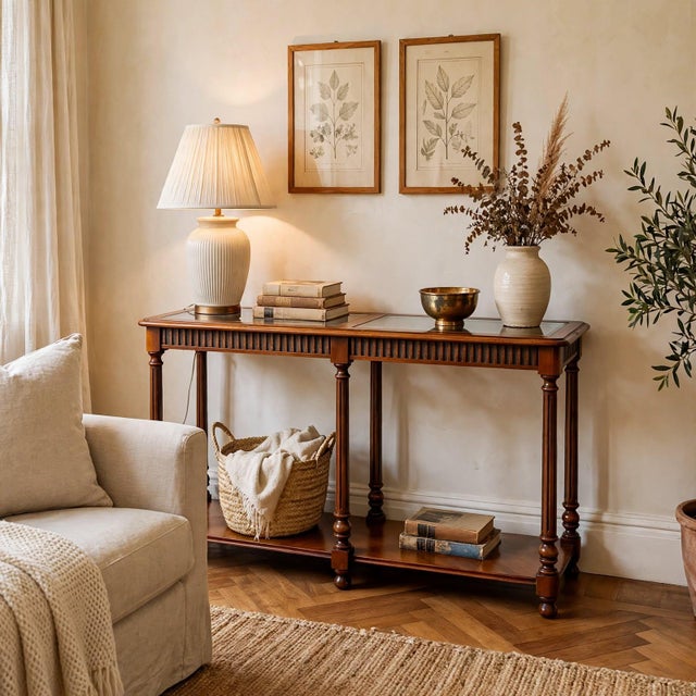 Brown Vintage Neoclassical Two-Tier Sofa Walnut Table With Inset Glass Top & Fluted Legs For Sale - Image 8 of 8