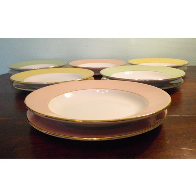 12 L'Amandinoise prestige earthenware plates (6 dinner plates + 6 soup plates), made in France, in pastel colors: almond,...