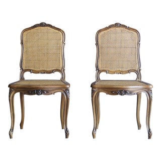 Antique French Carved Wood Cane Dining Chairs - a Pair For Sale