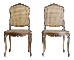 Antique French Carved Wood Cane Dining Chairs - a Pair