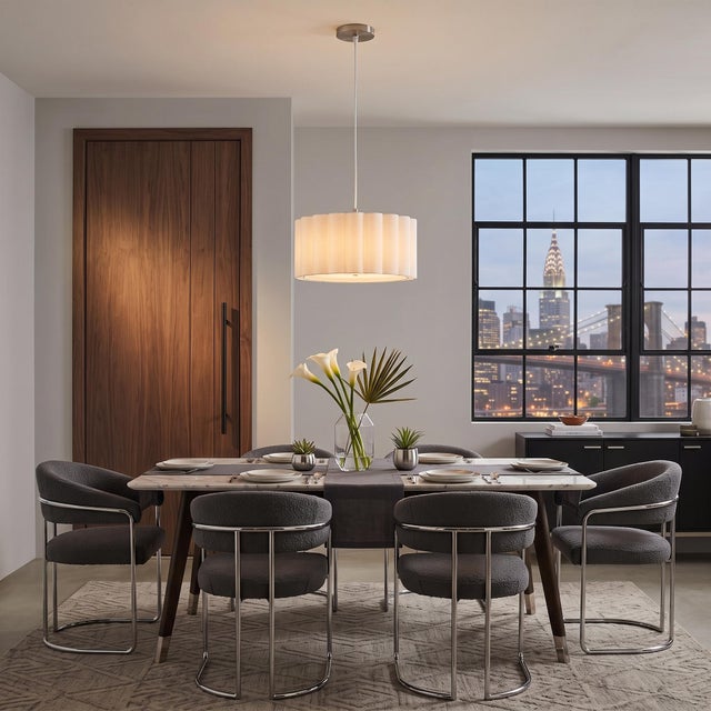 Mid-Century Modern Scallop Pendant Light - Modern Satin Nickel Steel, Drum White Linen Shade, Dimmable, Led Bulb, Ideal for Dining Rooms For Sale - Image 3 of 6