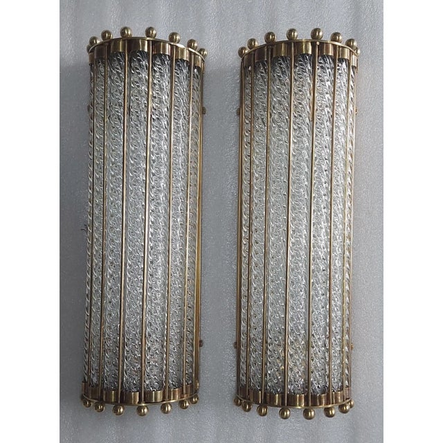 Art Deco Pair Vintage Art Deco Wall Sconces in Brass & Ribbed Glass Rod Ship Light For Sale - Image 3 of 5
