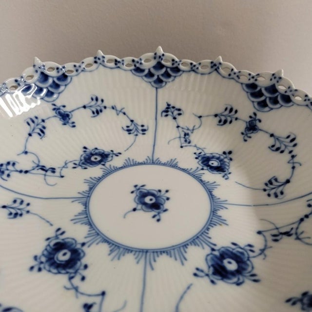Royal Blue 1969–73 Royal Copenhagen Blue Fluted Full Lace Porcelain Footed Compote No. 1/1020 For Sale - Image 8 of 9