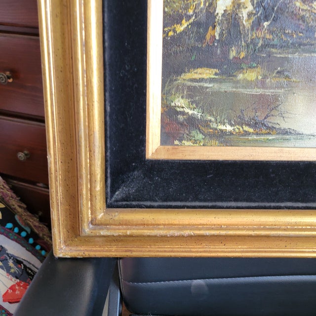 1970s R. Amutris Mid Century Modern Original Oil Painting Artist Signed River Forest Trees For Sale - Image 16 of 18