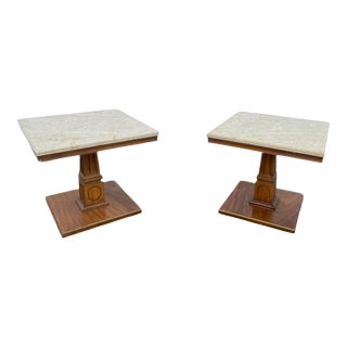 1970s Mid-Century Modern Walnut Marble Tables - a Pair For Sale