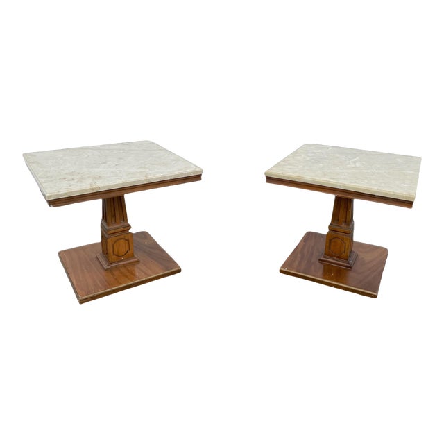 1970s Mid-Century Modern Walnut Marble Tables - a Pair For Sale