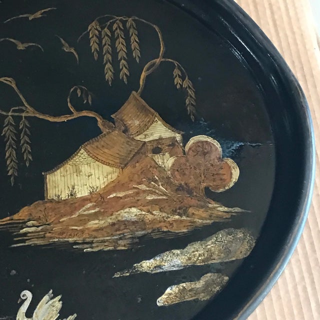 Late 19th Century Antique Black Tole Chinoiserie Serving Tray For Sale - Image 5 of 12
