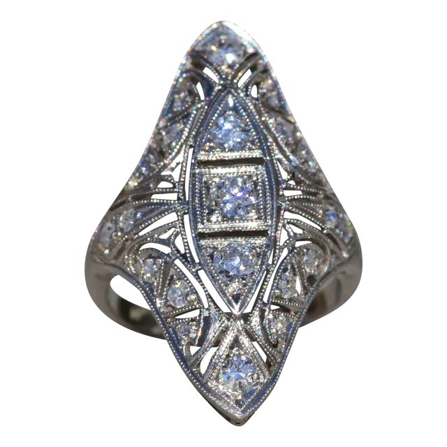 Ladies Antique Navette Shaped Ring set with Diamonds For Sale