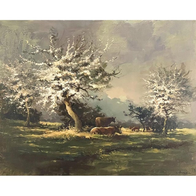 A luminous spring pastoral, this oil on canvas by E. Van Orden captures a meadow just as the season comes into full bloom....