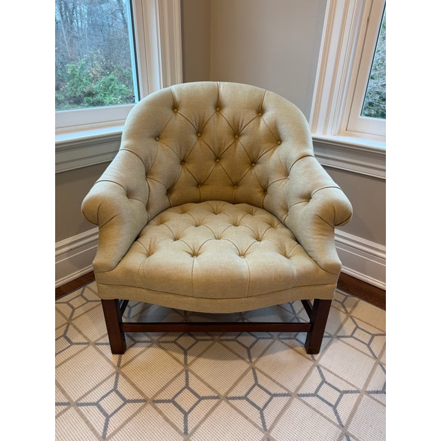 American Bunny Williams T42 Tufted Lounge Chair in Tan Beige Linen For Sale - Image 3 of 13