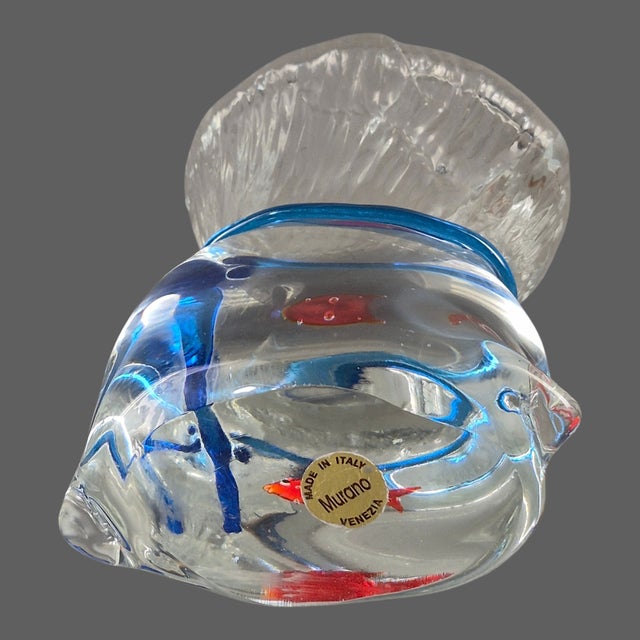 Vintage Murano Fish Inside Bag Blue Ribbon Art Glass Paperweight Trinket Holder Desk Art Original Label For Sale - Image 10 of 11