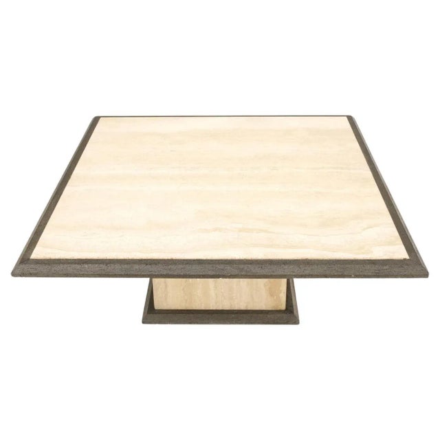 Off-white Two Tone Square Travertine Coffee Table Grey Bezel Italian Mid Century Mode For Sale - Image 8 of 13