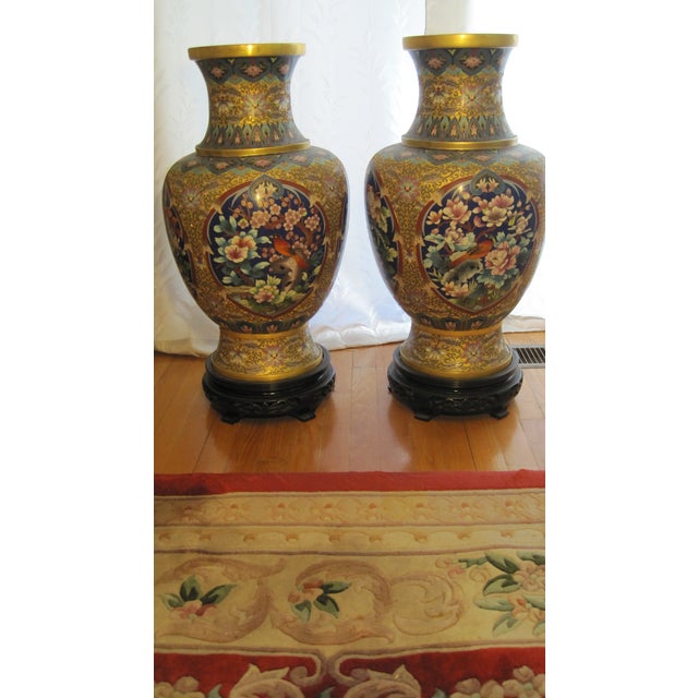 Chinese Matched Pair of Chinese Cloisonné Enamel Baluster Vases With Carved Black Hardwood Display Stands For Sale - Image 3 of 7