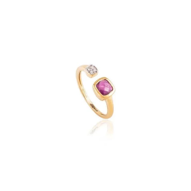Metal 18 Karat Yellow Gold Ruby Diamond Open Ring Size 3.5 For Sale - Image 7 of 7