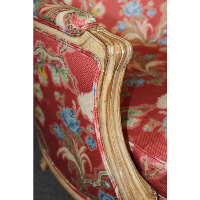 Red Gorgeous Pair of Paint Decorated Upholstered French Large Bergere Chairs For Sale - Image 8 of 13