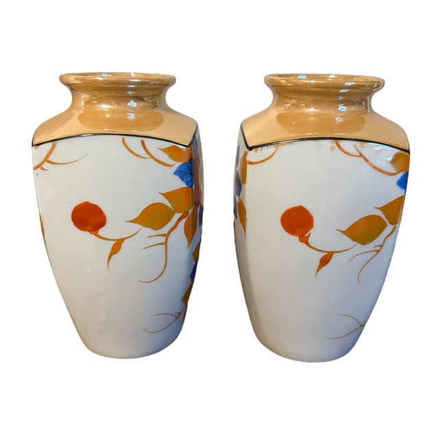 Vintage 1930s Japaneses Hand Painted Floral Lusterware Vases - A Pair For Sale - Image 4 of 5