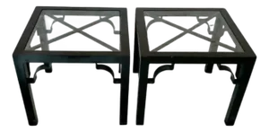 Black Lacquer Metal and Glass Side Tables, a Pair