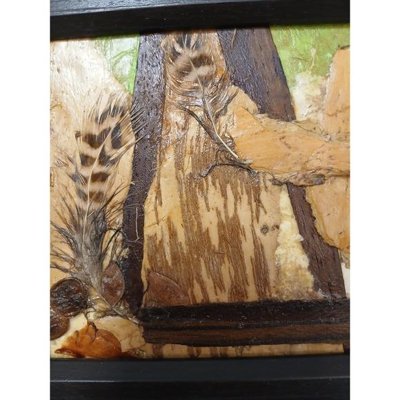 Wood Nature Collage Mini Art Painting Bark Wood Australia Paper Feathers Black Frame For Sale - Image 7 of 11