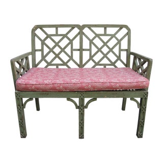 Vintage Bench with Upholstered Cushion For Sale
