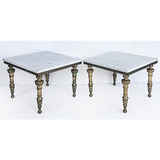 Hollywood Regency Brass and Italian Carrara Marble Tables-A Pair For Sale - Image 11 of 11