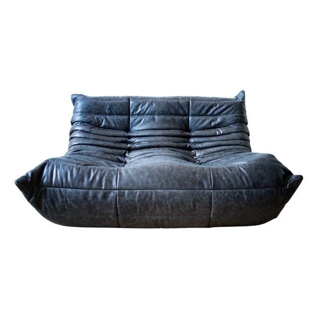 Black Leather 3-Seat Togo Sofa attributed to Michel Ducaroy for Ligne Roset For Sale