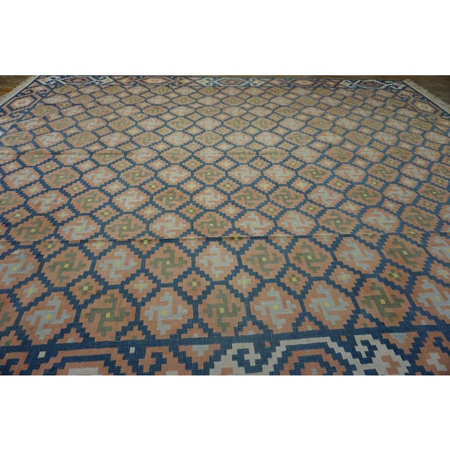 1930s 1930s Blue Orange Geometric Antique Indian Cotton Dhurrie Carpet Flatwoven Rug For Sale - Image 5 of 12