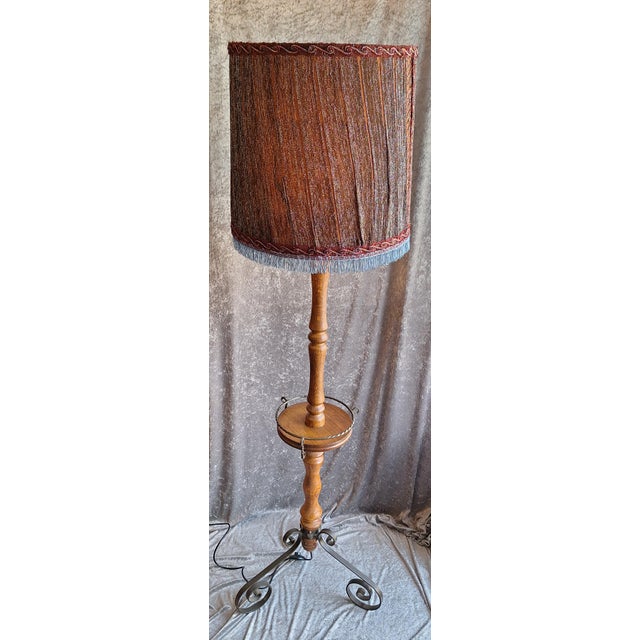 Vintage Floor Lamp with Oak Column, Black Metal Legs and Fabric Shade by Lamplove, 1960s For Sale - Image 3 of 7
