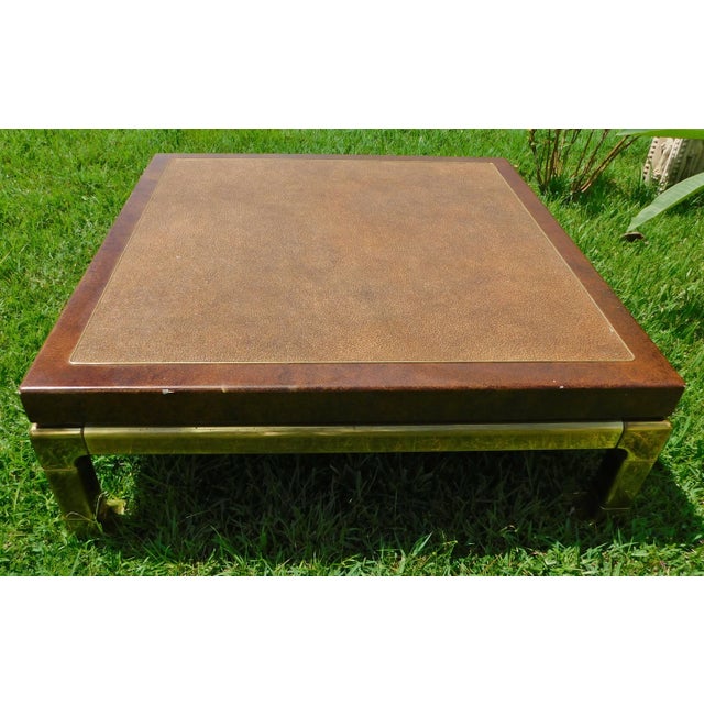 Metal Large Vintage Mid Century Mastercraft Solid Brass & Leather Top Square Coffee Table For Sale - Image 7 of 13