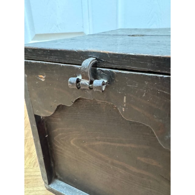 Metal Antique Japanese Wooden Storage Box | Rustic Meiji–Taisho Dark Stained Cedar Chest With Iron Hasp | Small Wabi-Sabi Trunk For Sale - Image 7 of 10