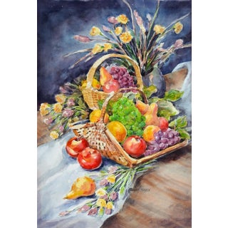 Vintage Bountiful Fruit & Flowers Still Life Watercolor Painting For Sale